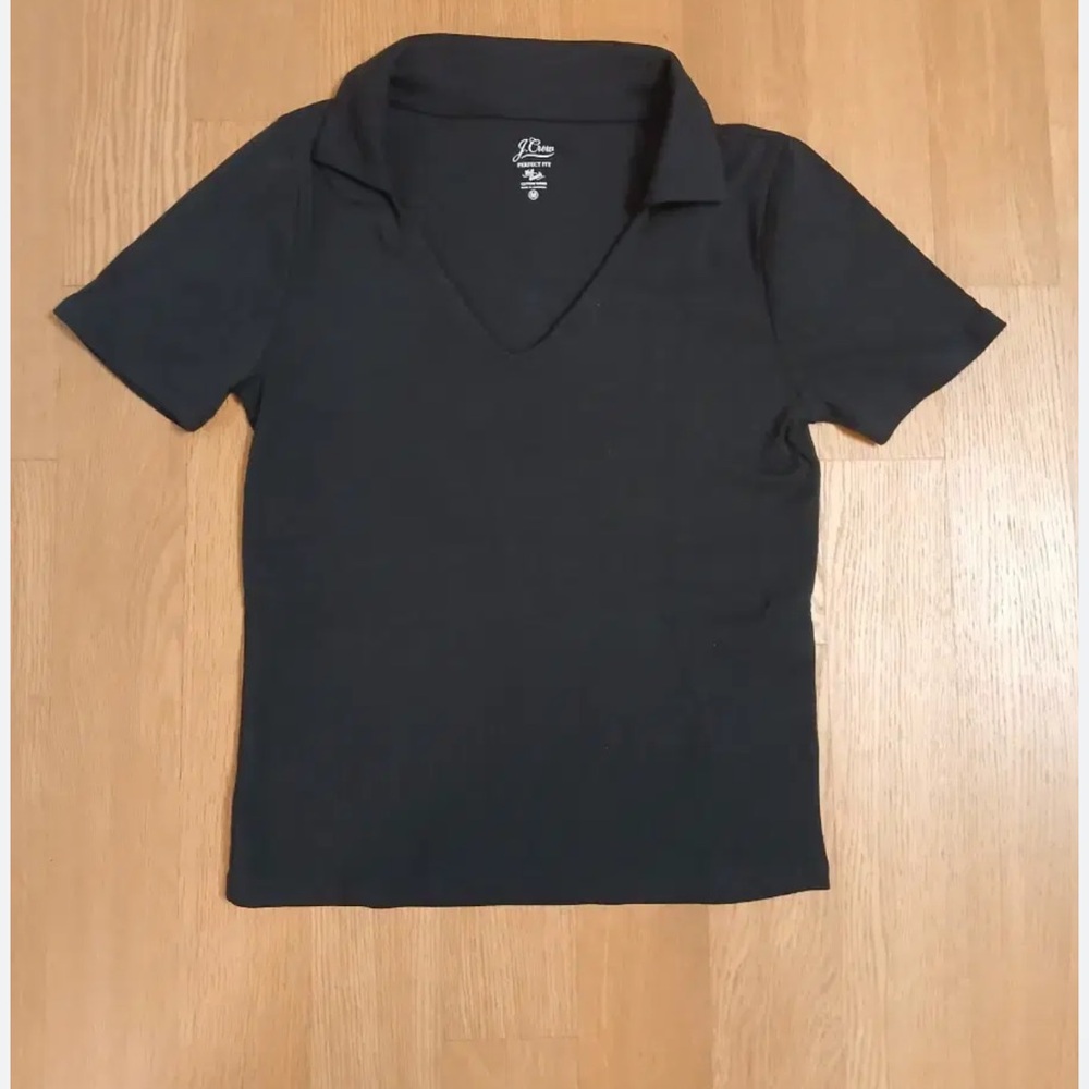 J. Crew Black Collared V-Neck Short Sleeve 100% Cotton Size Medium